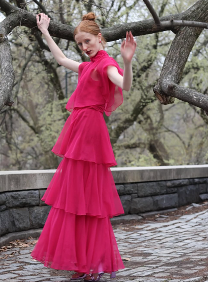 Elegant Pink A Line High Neck Layered Chiffon Long Prom Dress Evening Dress Date Dress DP3108