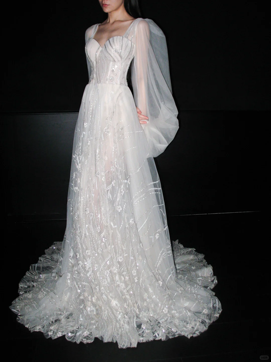 Dreamy Ball Gown Long Sleeve Sequin White Tulle Long Wedding Dress DP6369