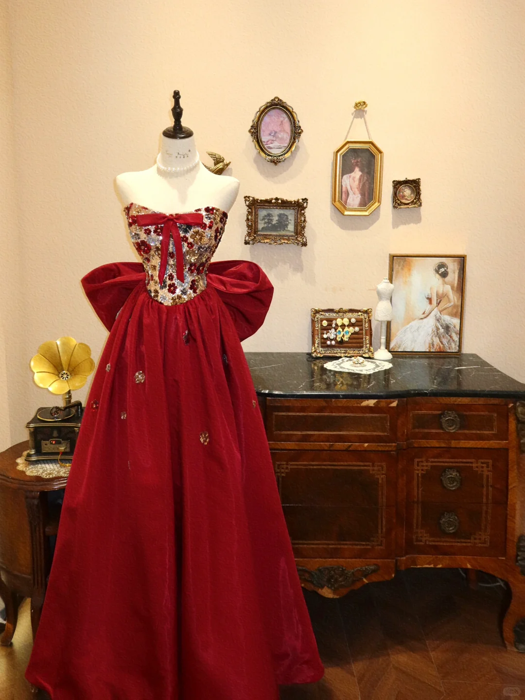 Stunning Red A Line Strapless Floral Sequin Satin Long Prom Dress Evening Dress DP7052