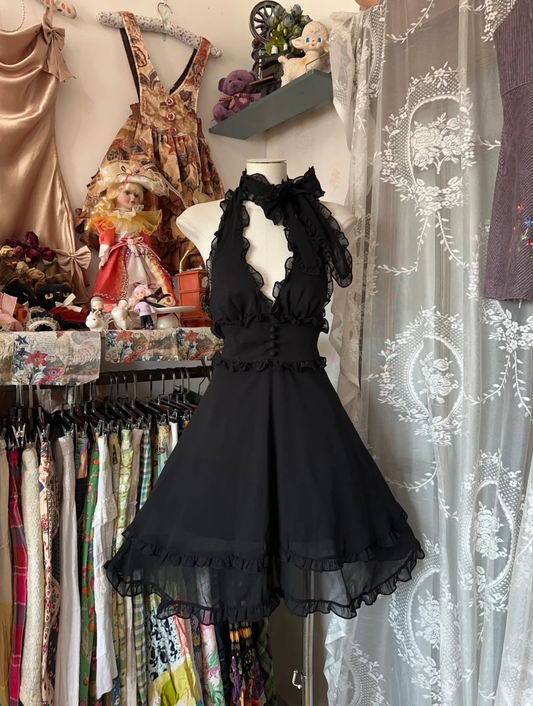 Vintage A Line Halter Black Chiffon Short Homecoming Dress Party Dress DP4990