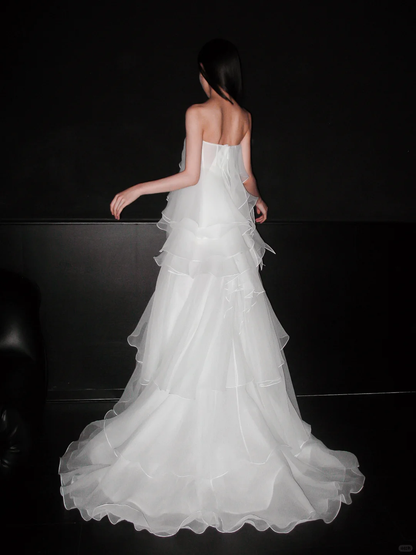 Dreamy A Line Strapless White Layered Organza Wedding Dress DP5303