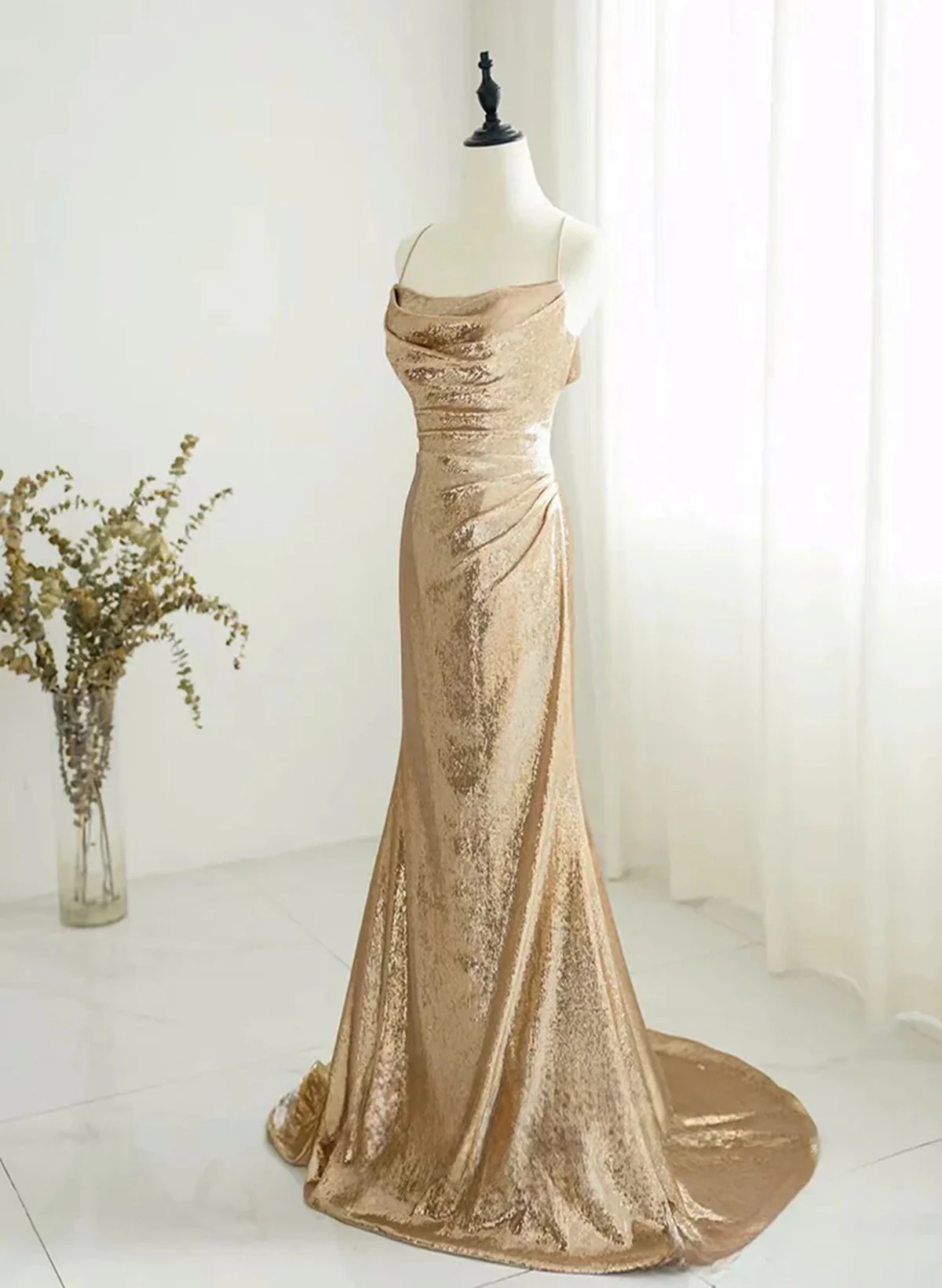 Chic Champagne Sequins Mermaid Long Prom Dress Backless Evening Dress DP450