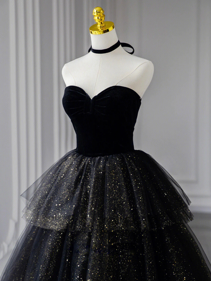 Classic Black Strapless Velvet Tulle Long Prom Dress  Sweet 16 Ball Gown Quinceanera Dress DP076