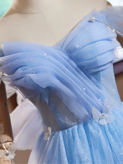 Fairy Sweetheart Beaded Off Shoulder Blue Tulle Short Prom Dress Homecoming Dress DP413