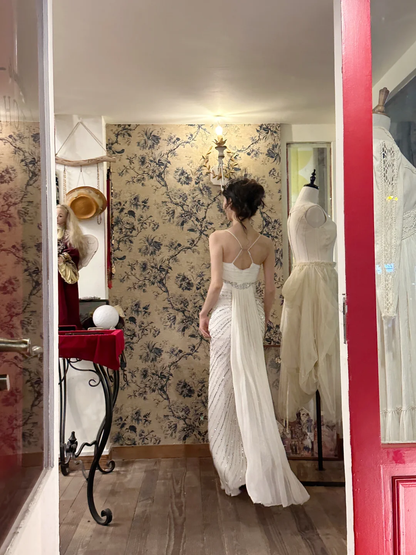 Gentle Sheath Spaghetti Strap Beaded White Chiffon Prom Dress Party Dress DP3711