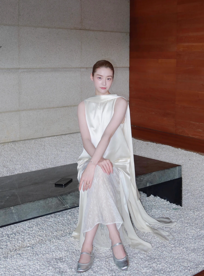 Stunning Flowy White A Line Satin Prom Dress Wedding Guest Dress DP4489