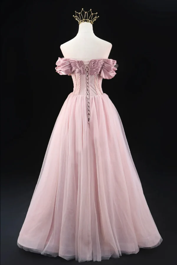 Lovely Pink Off the Shoulder Tulle Beaded Prom Dress Evening Dress DP589