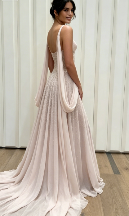 Stunning Light Pink A Line Straps Beaded Slit Chiffon Prom Dress Graduation Prom Dress DP5181