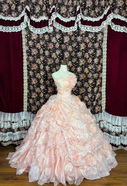 Vintage Princess Light Pink Ball Gown Floral Layered Organza Prom Dress Sweet 16 Dress DP5653