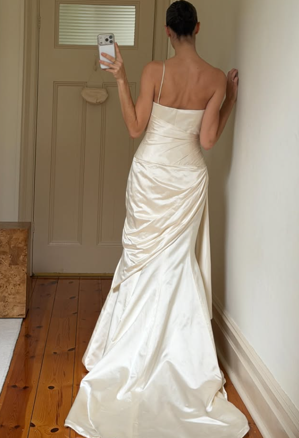Vintage A Line One Shoulder Ivory Satin Long Wedding Dress DP7695