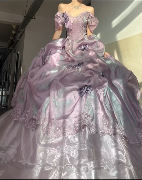 Dreamy Purple Ball Gown Off the Shoulder Rose Beaded Organza Prom Dress Party Dress DP4595