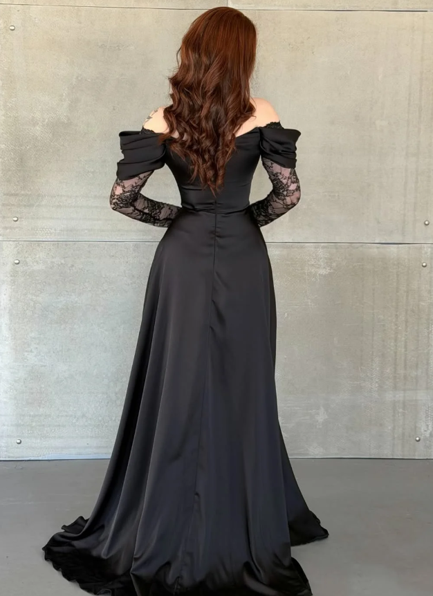 Elegant Black A Line Long Sleeve Lace Satin Prom Dress Eveening Dress DP5632