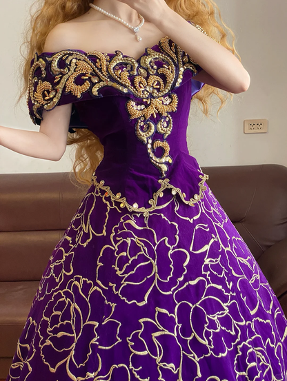 Purple A Line V Neck Beaded Embroidery Velvet 16th Birthday Dress Party Dress Quinceanera Dress DP4094