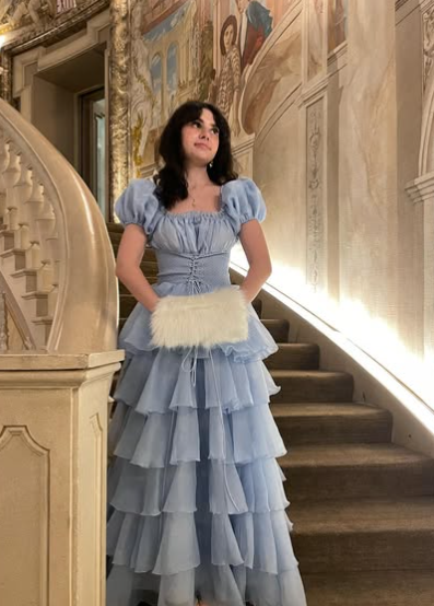 Blue A Line Puff Sleeve Layered Satin Organza Long Prom Dress Evening Dress DP1333
