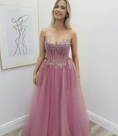 Pink A Line Sweetheart Neck Sequin Corset Tulle Prom Dress Evening Dress DP6353