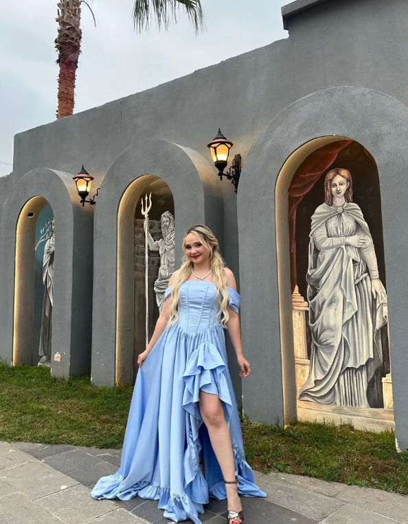 Blue A Line Off the Shoulder Corset Ruffle Satin Long Prom Dress Evening Dress DP1627