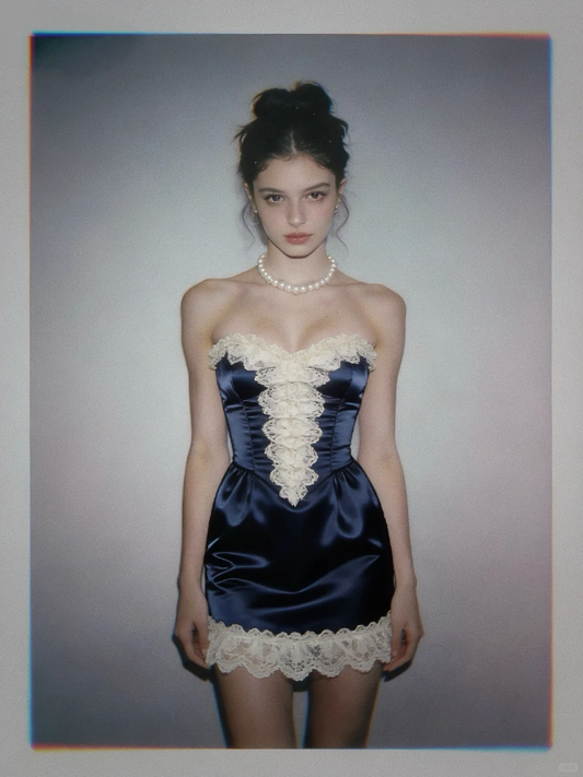 Pretty Sheath Strapless White Lace Navy Blue Satin Short Homecoming Dress Outfits DP4705