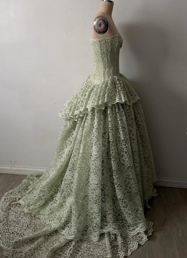 Vintage Light Green A Line Sweetheart Neck Lace Long Prom Dress Evening Dress DP7887