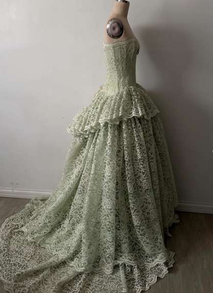 Vintage Light Green A Line Sweetheart Neck Lace Long Prom Dress Evening Dress DP7887