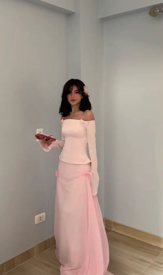 Two Piece Pink Bow A Line Long Sleeve Chiffon Satin Prom Dress 16th Birthday Dress DP3955
