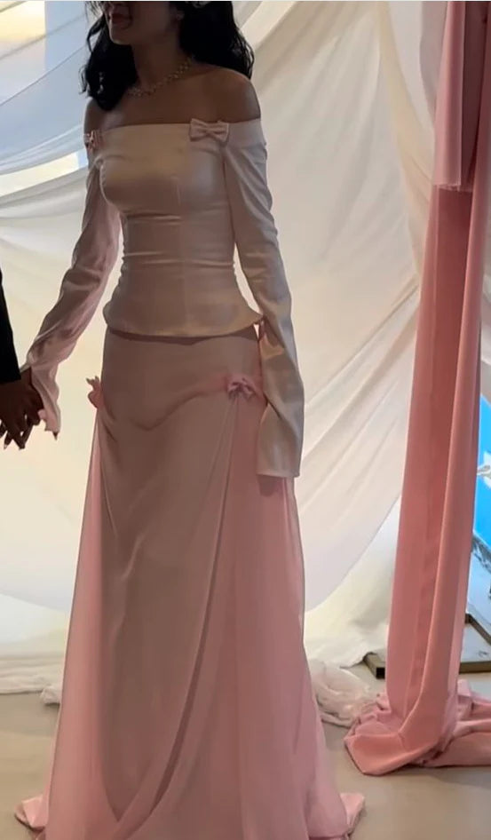 Two Piece Pink Bow A Line Long Sleeve Chiffon Satin Prom Dress 16th Birthday Dress DP3955