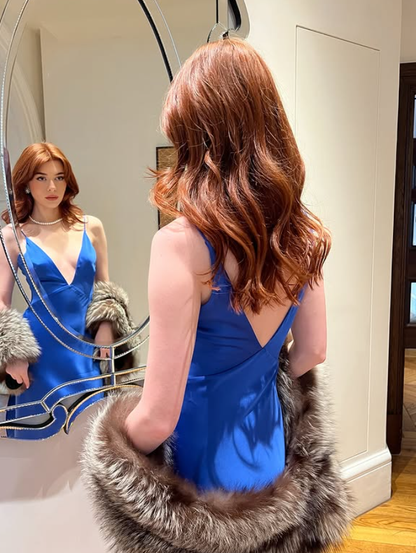 Royal Blue Sheath Spaghetti Strap Satin Prom Dress Date Dress DP4289