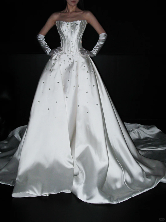 Stunning Ball Gown Strapless Shiny Beaded White Satin Long Train Wedding Dress DP8088
