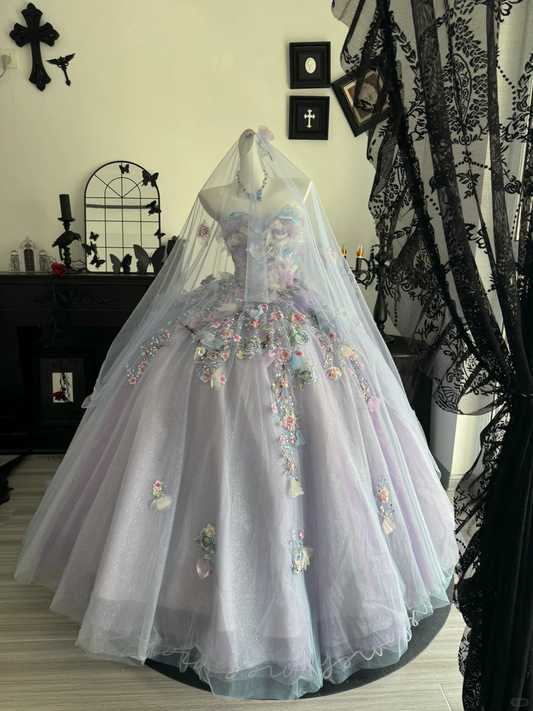 Lilac Ball Gown Sweetheart Neck Floral Tulle Prom Dress Quinceanera Dress DP6967