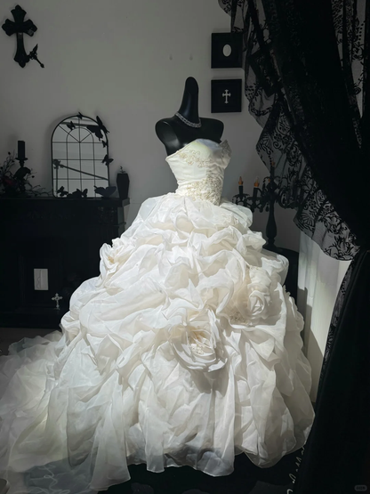 Vintage Ball Gown Strapless Beaded Pleated White Chiffon Prom Dress Quinceanera Dress DP6972