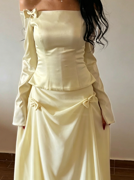 Two Piece Pink Bow A Line Long Sleeve Chiffon Satin Prom Dress 16th Birthday Dress DP3955
