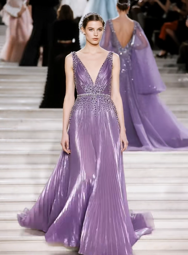 Sweety Purple A Line V Neck Beaded Pleated Satin Long Prom Dress DP4655