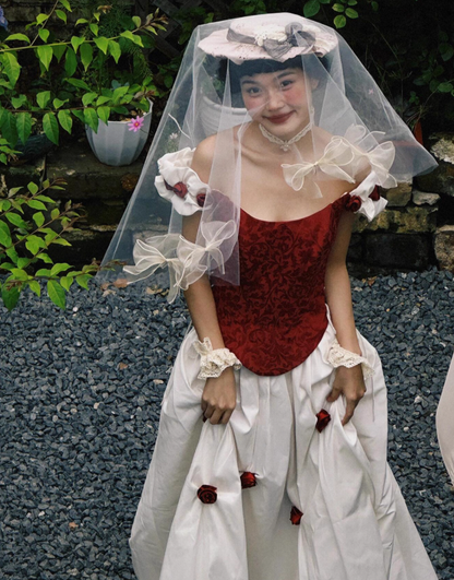 Classic Ball Gown Off the Shoulder Red Floral White Satin Prom Dress 16th Birthday Dress DP3568