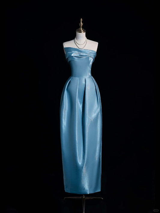 Cute A Line Strapless Blue Satin Party Dress Prom Graduation Prom Dress DP1988