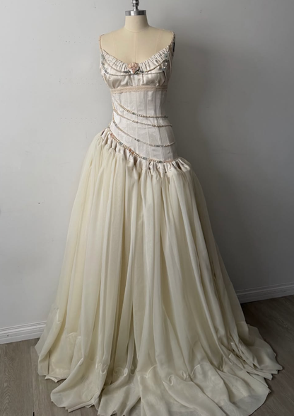 Vintage Apricot A Line Strapless Satin Long Prom Dress Evening Dress DP7888