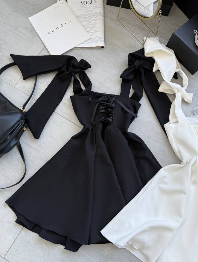 Black A Line Bow Straps Satin Short Homecoming Dress Cocktail Dress DP3856