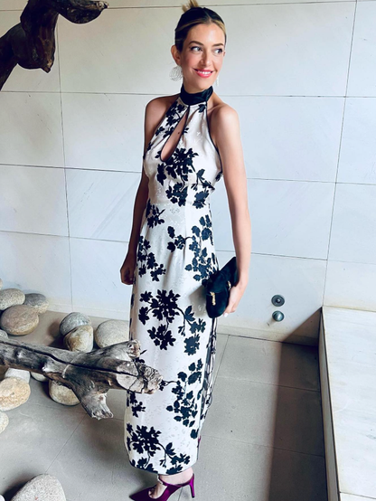Sexy Sheath Halter Black Print Floral White Satin Prom Dress Party Dress DP4783