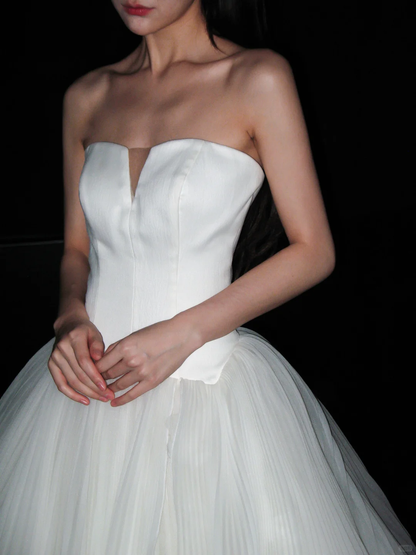 Cute White Ball Gown Sweetheart Neck Satin Tulle Long Train Wedding Dress DP8097
