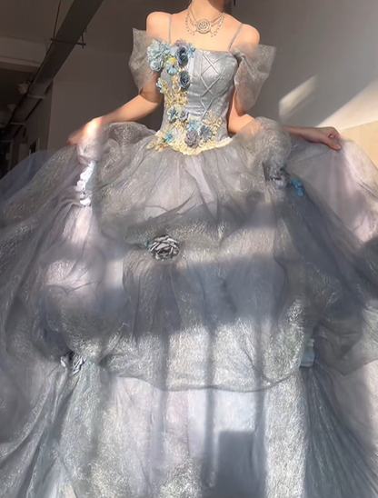 Stunning Blue Ball Gown Off the Shoulder Beaded Floral Tulle Prom Dress Party Dress DP4594