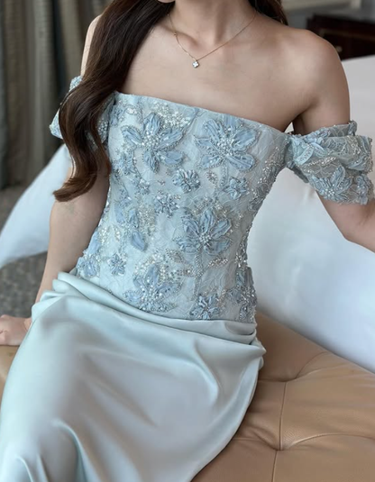 Baby Blue Two Piece Sheath Strapless Beaded Appliques Satin Prom Dress Evening Dress DP5777