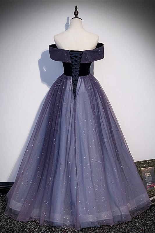 Sparkly Purple Tulle Off the Shoulder Prom Dress Long Evening Party Dress DP643