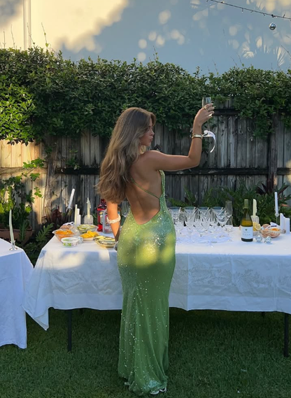 Green Sheath Spaghetti Straps Sequin Open Back Long Prom Dress Evening Dress DP1361