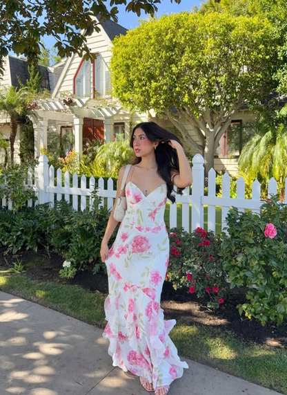 Pretty Sheath Straps Pink Print Floral Ruffle Chiffon Prom Dress Evening Dress Vacation Dress DP5608