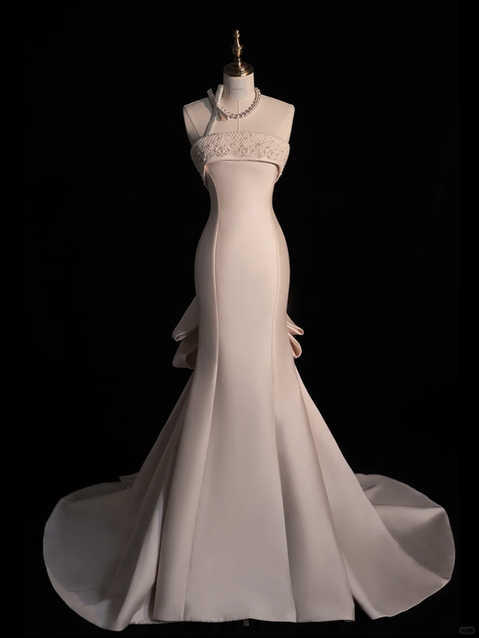 Elegant Mermaid Strapless Beaded Long Sweep Satin Long Prom Dress Formal Dress with Bow DP3238
