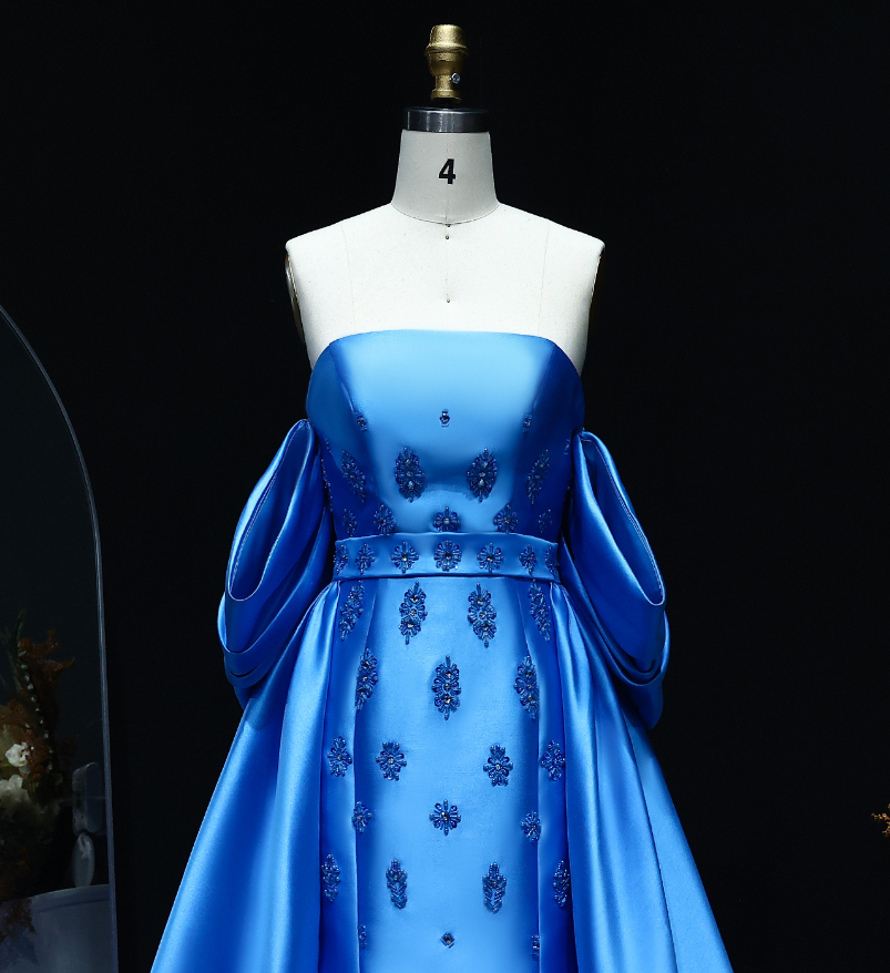 Elegant A Line Off the Shoulder Beaded Blue Satin Long Prom Dress Evening Dress DP1918