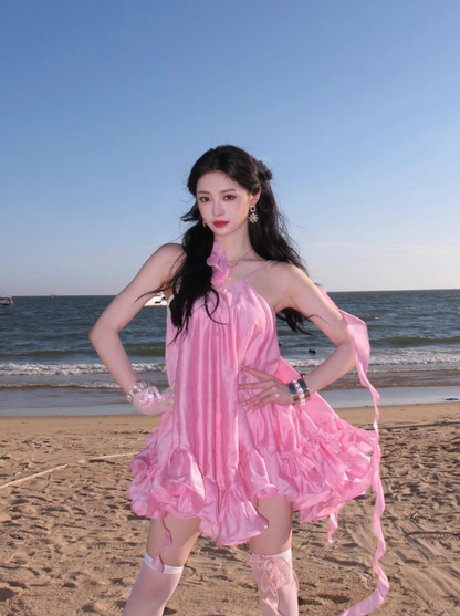 Cute Pink A Line One Shoulder Satin Short Homecoming Dress Vacation Dress DP3647