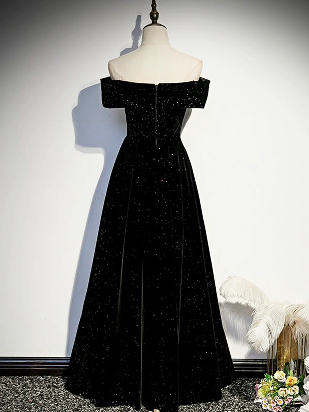 Black Velvet Long Prom Dress Off the Shoulder Evening Party Dress DP366