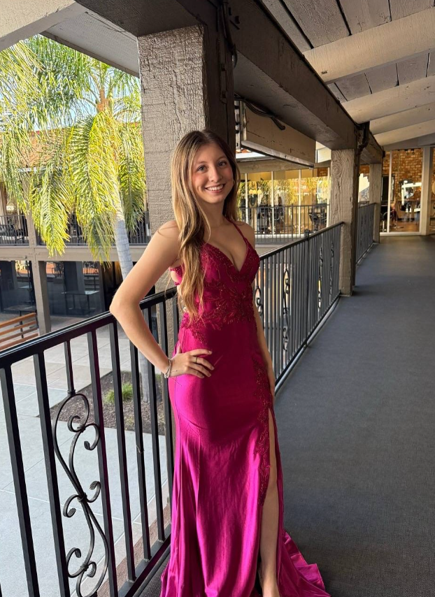 Hot Pink Mermaid Straps Appliques Satin Long Prom Dress Evening Dress with Slit DP5944