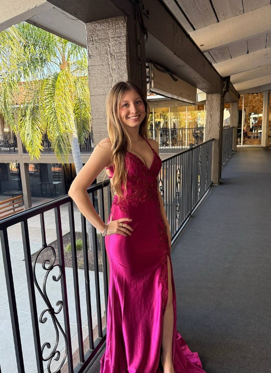 Hot Pink Mermaid Straps Appliques Satin Long Prom Dress Evening Dress with Slit DP5944