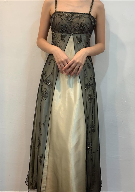 Vintage A Line Spaghetti Straps Appliques Beaded Satin Tulle Prom Dress Evening Dress DP1382