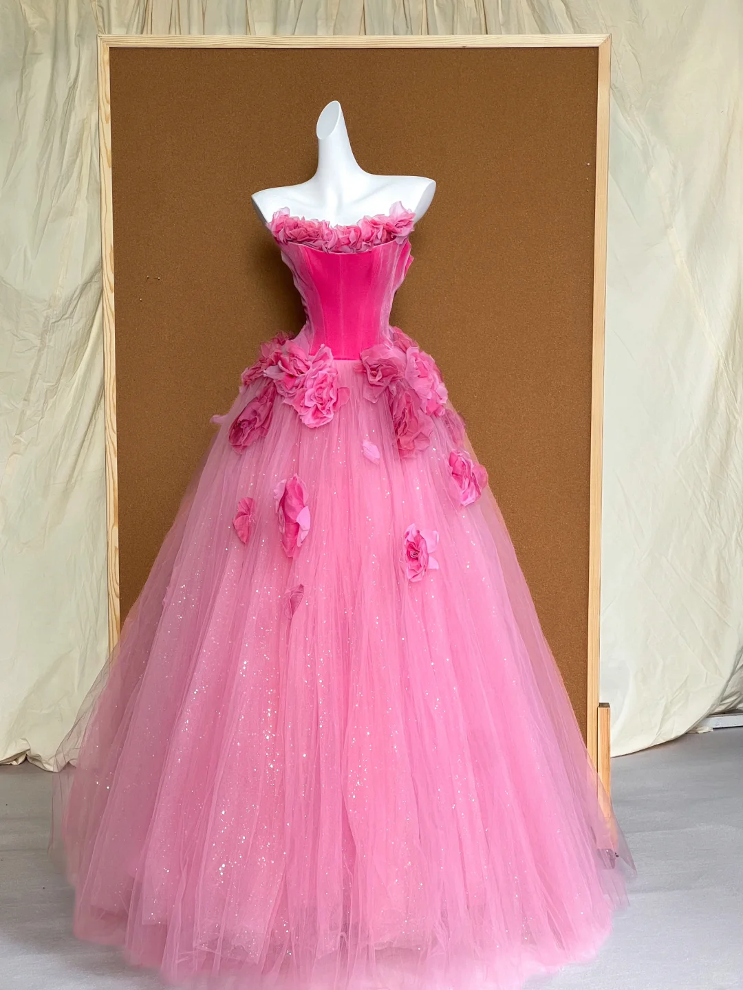 New A Line Strapless Flower Pink Velvet Tulle Long Prom Dress Party Dress DP2722
